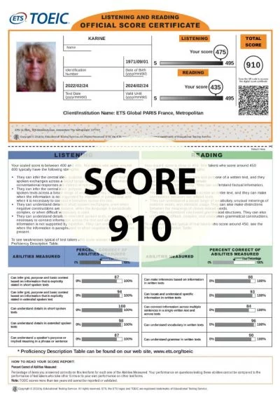 Preparare e passare il TOEIC: punteggio 910 punti. Toeic First Parigi, Marsiglia, Lione, Tolosa, Lille, Nizza...