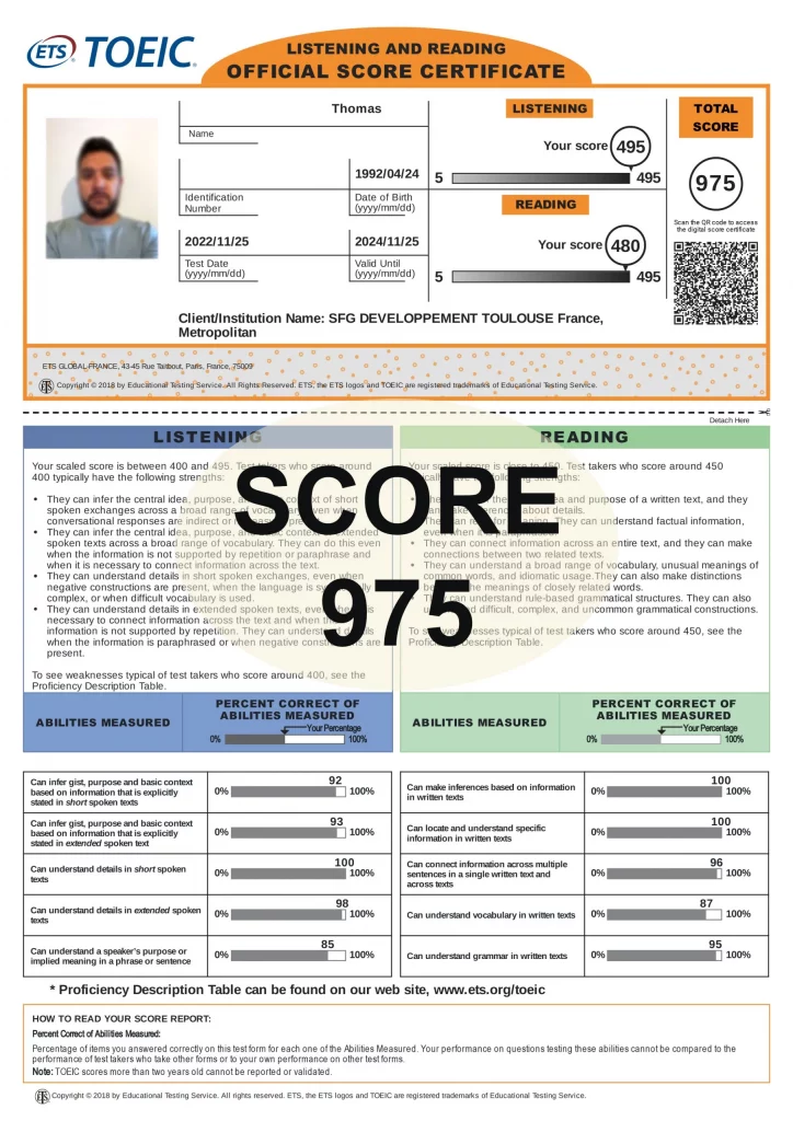 Preparare e passare il TOEIC: punteggio 975 punti. Toeic First Parigi, Marsiglia, Lione, Tolosa, Lille, Nizza...