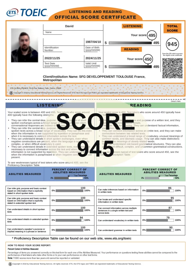 Preparare e passare il TOEIC: punteggio 945 punti. Toeic First Parigi, Marsiglia, Lione, Tolosa, Lille, Nizza...